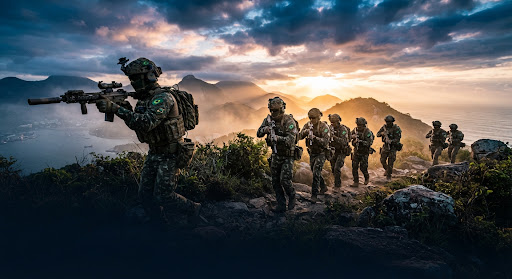 Equipe militar em ambiente de montanha