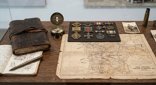 Objetos históricos, mapas e condecorações